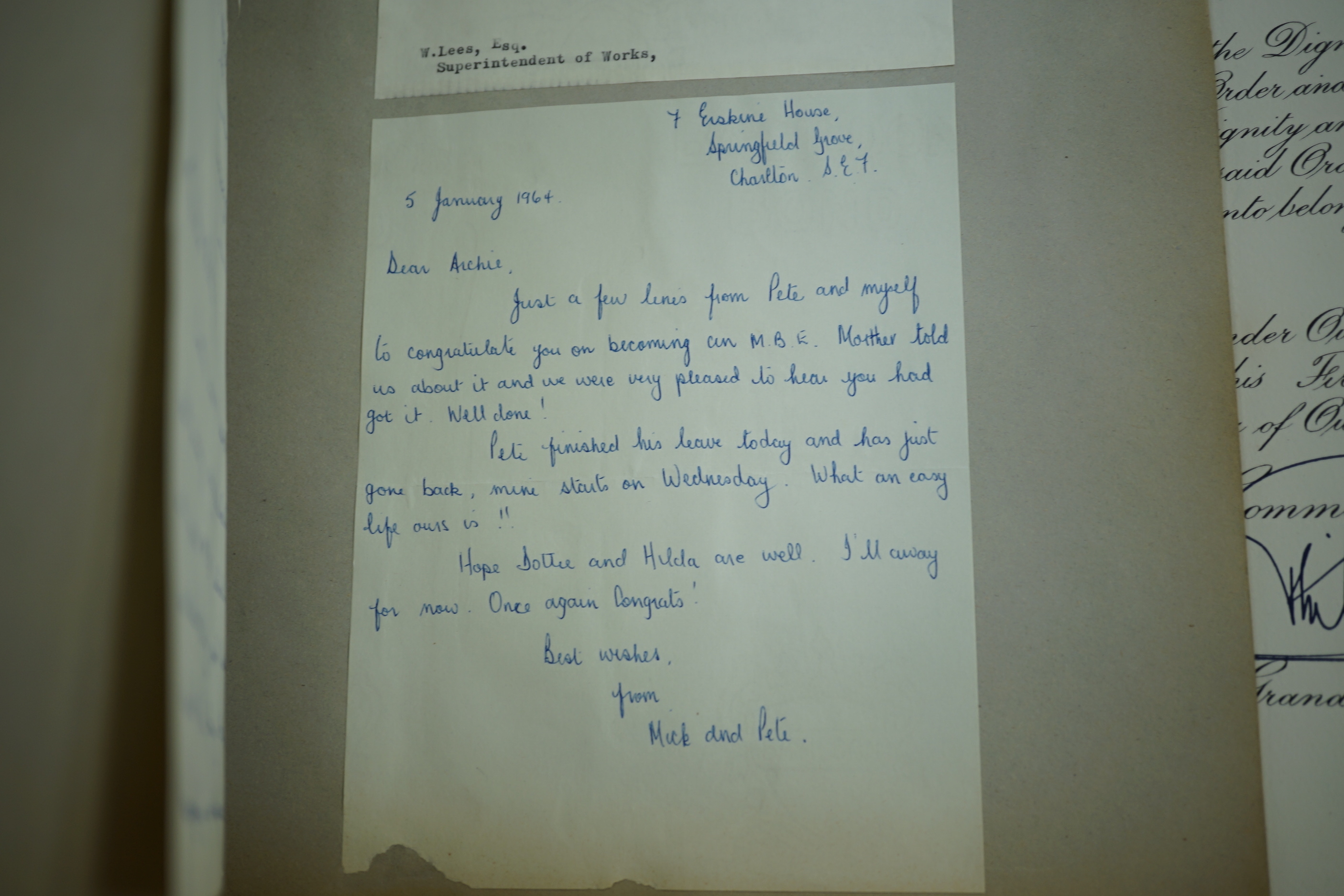 An MBE for Archibald Lees with miniature and an Imperial Service Medal for Thomas Lees, a silver coaster and silver match case with coronet over ‘E’ and ‘Holyrood 1925’ to reverse